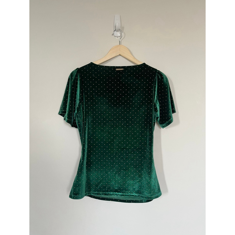 Michael Kors Dark Green Gold Studded Velvet Short Ruffle Sleeve Ruched Blouse - Picture 5 of 7